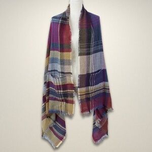 Grace & Lace Poncho Wrap Fringe Hem Cozy Lightweight Plaid Pattern Multicolor OS
